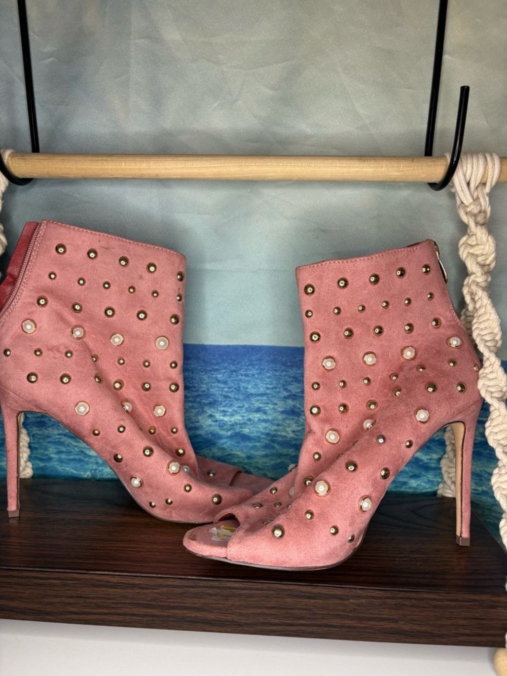 Pink Studded Peep-Toe Ankle Boots with Pearl Accents